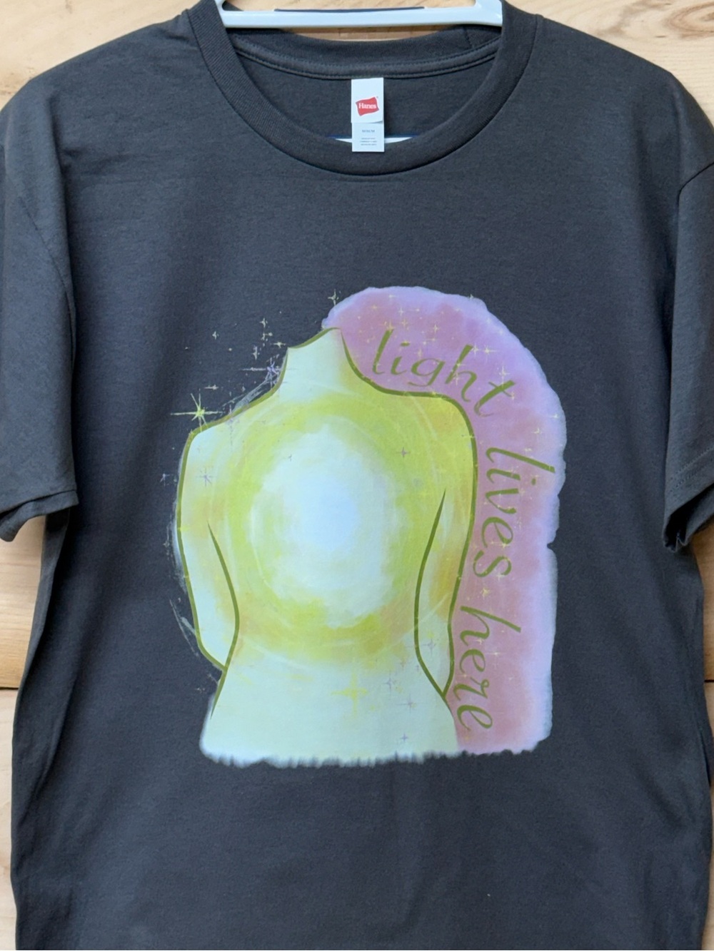 Hanes Charcoal Graphic Tee with Pastel Yellow & Pink Artwork
